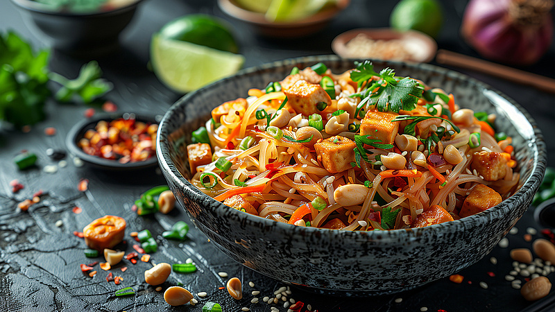 stwm-mensa-thailändisch-vegan-aktionsmonat-november Man sieht eine Essenschale mit einem Tofu-Gemüse-Gericht darin.