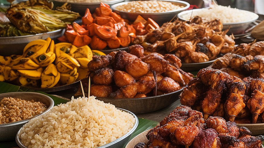 Das Bild zeigt einen Tischer voller typisch afrikanischer Gerichte.