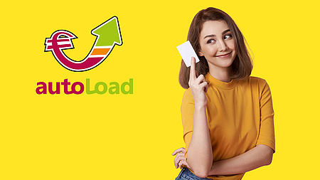 autoload - und das Guthaben reicht immer aus! Gelbe Grafik mit der Aufschrift "Autoload". Eine junge Dame hält eine Mensakarte in die Höhe.
