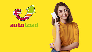 autoload - und das Guthaben reicht immer aus! Gelbe Grafik mit der Aufschrift "Autoload". Eine junge Dame hält eine Mensakarte in die Höhe.